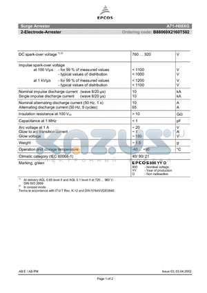 B88069X2160T502 datasheet - 2-Electrode-Arrester