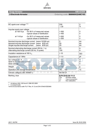 B88069X2240C103 datasheet - 2-Electrode-Arrester