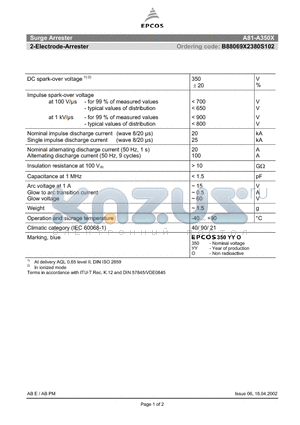 B88069X2380S102 datasheet - 2-Electrode-Arrester