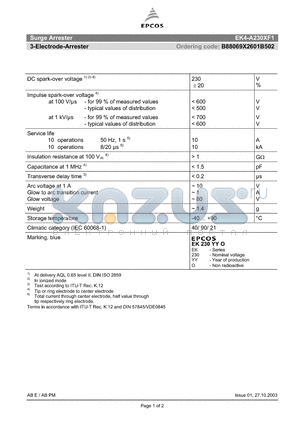 B88069X2601B502 datasheet - 3-Electrode-Arrester