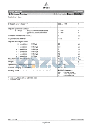 B88069X4380C251 datasheet - 2-Electrode-Arrester