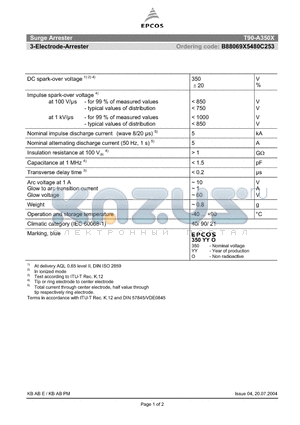 B88069X5480C253 datasheet - SURGE ARRESTER 3-electrode arrester