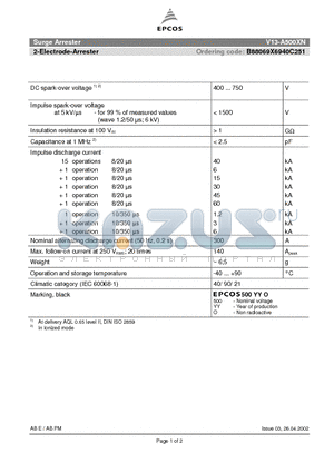 B88069X6940C251 datasheet - 2-Electrode-Arrester