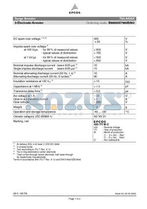 B88069X7960B502 datasheet - SURGE ARRESTER 3-electrode arrester