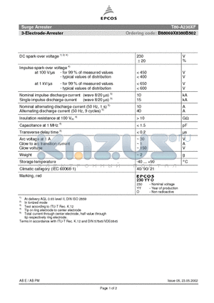 B88069X8380B502 datasheet - SURGE ARRESTER 3-electrode arrester