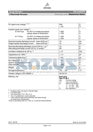 B88069X9910B502 datasheet - SURGE ARRESTER 3-electrode arrester