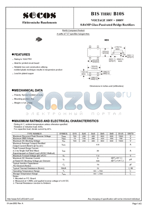 B8S datasheet - 0.8AMP Glass Passivated Bridge Rectifiers