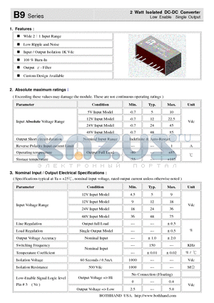 B9-1215S2 datasheet - 2 Watt Isolated DC-DC Converter Low Enable Single Output