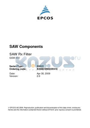 B9022 datasheet - SAW Rx Filter GSM 850