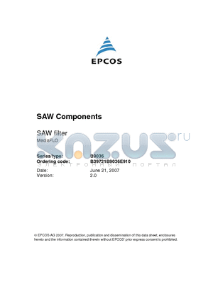 B9036 datasheet - SAW Components SAW filter MediaFLO