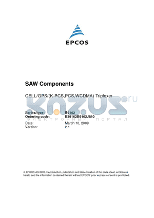 B9102 datasheet - CELL/GPS/(K-PCS,PCS,WCDMA) Triplexer