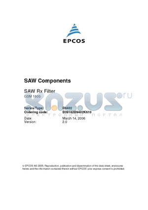 B9402 datasheet - SAW Components Low-Loss Filter for Mobile Communication 1842.50 MHz