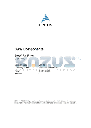 B9403 datasheet - SAW Components Low-Loss Filter for Mobile Communication 1960.0 MHz
