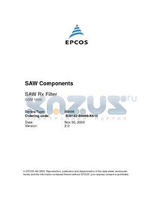 B9406 datasheet - SAW Components Low-Loss Filter for Mobile Communication 1842.50 MHz