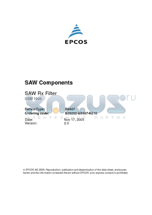 B9407 datasheet - SAW Components Low-Loss Filter for Mobile Communication 1960.0 MHz
