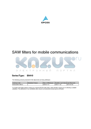 B9410 datasheet - SAW filter for mobile communications