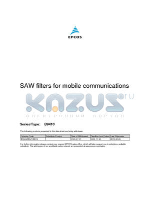 B9410_1 datasheet - SAW filter for mobile communications