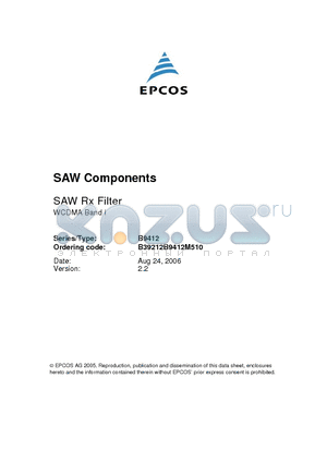 B9412 datasheet - SAW Components Low-Loss Filter for Mobile Communication 2140.0 MHz