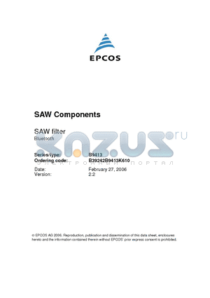 B9413 datasheet - SAW filter Bluetooth