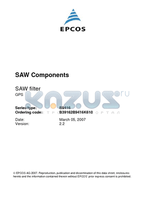 B9416 datasheet - SAW filter GPS