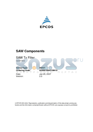 B9431 datasheet - SAW Tx Filter 897.5 MHz