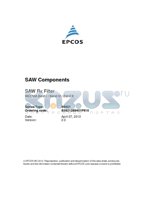 B9451 datasheet - SAW Rx Filter WCDMA Band I / Band IV / Band X