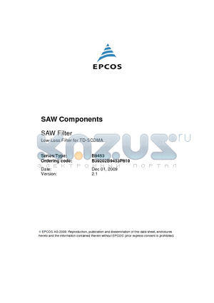 B9453 datasheet - SAW Filter Low-Loss Filter for TD-SCDMA