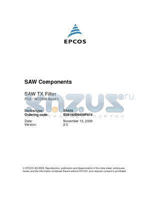 B9459 datasheet - SAW TX Filter PCS / WCDMA Band II