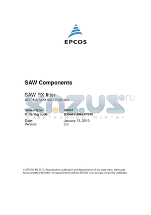 B9461 datasheet - SAW RX filter WCDMA band VIII / GSM 900