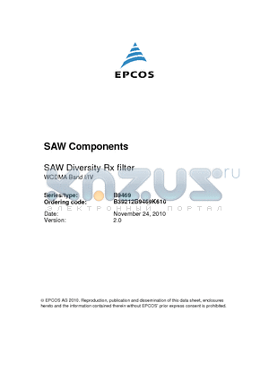 B9469 datasheet - SAW Diversity Rx filter WCDMA Band I/IV