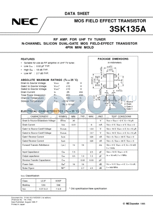 3SK135A datasheet - RF AMP. FOR UHF TV TUNER N-CHANNEL SILICON DUAL-GATE MOS FIELD-EFFECT TRANSISTOR 4PIN MINI MOLD