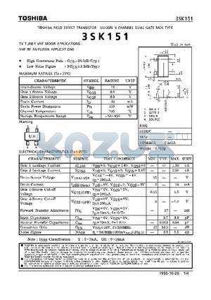 3SK151 datasheet - N CHANNEL DUAL GATE MOS TYPE (TV TYNER VHF MIXER, VHF RF AMPLIFIER APPLICATIONS)