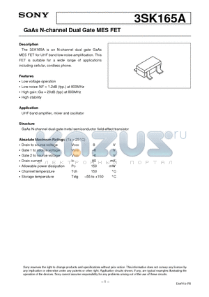 3SK165A datasheet - GaAs N-channel Dual Gate MES FET