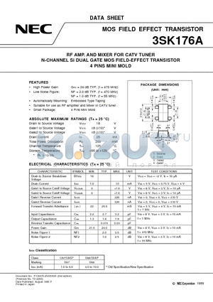 3SK176A datasheet - RF AMP. AND MIXER FOR CATV TUNER N-CHANNEL Si DUAL GATE MOS FIELD-EFFECT TRANSISTOR 4 PINS MINI MOLD