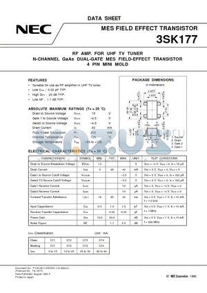 3SK177 datasheet - RF AMP. FOR UHF TV TUNER N-CHANNEL GaAs DUAL-GATE MES FIELD-EFFECT TRANSISTOR 4 PIN MINI MOLD