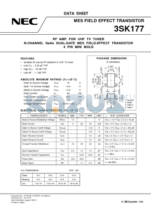 3SK177-T1 datasheet - RF AMP. FOR UHF TV TUNER N-CHANNEL GaAs DUAL-GATE MES FIELD-EFFECT TRANSISTOR 4 PIN MINI MOLD