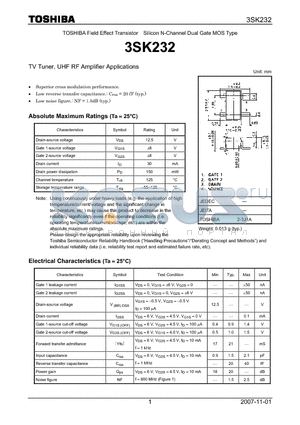 3SK232 datasheet - TV Tuner, UHF RF Amplifier Applications