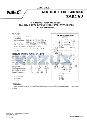 3SK252 datasheet - RF AMPLIFIER FOR CATV TUNER N-CHANNEL Si DUAL GATE MOS FIELD-EFFECT TRANSISTOR 4 PINS MINI MOLD