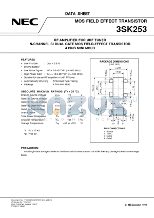 3SK253 datasheet - RF AMPLIFIER FOR UHF TUNER N-CHANNEL Si DUAL GATE MOS FIELD-EFFECT TRANSISTOR 4 PINS MINI MOLD