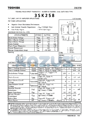 3SK258 datasheet - N CHANNEL DUAL GATE MOS TYPE (TV, FM TUNER VHF RF AMPLIFIER APPLICATIONS)