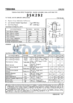 3SK292 datasheet - N CHANNEL DUAL GATE MOS TYPE (TV TUNER, VHF RF AMPLIFIER APPLICATIONS)