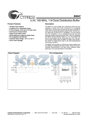 B9947CA datasheet - 3.3V, 160-MHz, 1:9 Clock Distribution Buffer