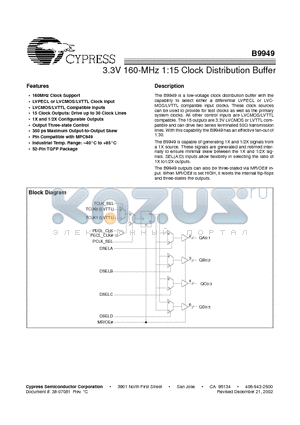 B9949 datasheet - 3.3V 160-MHz 1:15 Clock Distribution Buffer