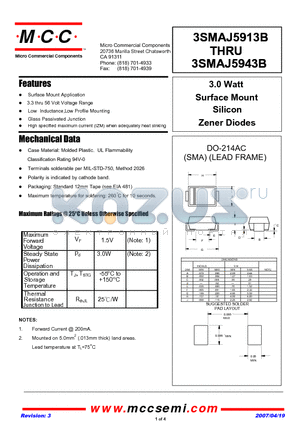 3SMAJ5913B datasheet - 3.0 Watt Surface Mount Silicon Zener Diodes