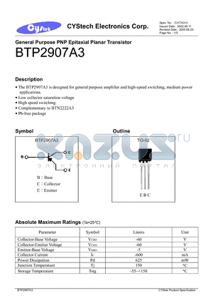 BTP2907A3 datasheet - General Purpose PNP Epitaxial Planar Transistor