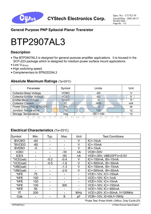 BTP2907AL3 datasheet - General Purpose PNP Epitaxial Planar Transistor