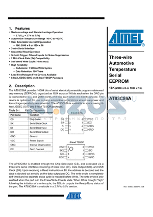 AT93C86A-10TQ-2.7 datasheet - Three-wire Automotive Temperature Serial EEPROM 16K (2048 x 8 or 1024 x 16)