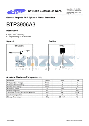 BTP3906A3 datasheet - General Purpose PNP Epitaxial Planar Transistor