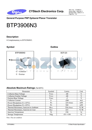 BTP3906N3 datasheet - General Purpose PNP Epitaxial Planar Transistor