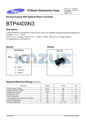 BTP4403N3 datasheet - General Purpose PNP Epitaxial Planar Transistor
